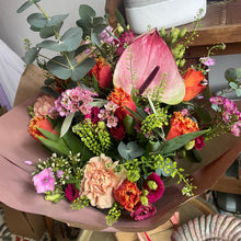 Load image into Gallery viewer, pink ad orange tropical flower long lasting mother's day gift bouquet of flowers. Made by professional florists Bits and Buds Leighton Buzzard Bedfordshire.
