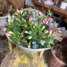 Load image into Gallery viewer, bouquet of alstromeria flowers wrapped in eco friendly paper for friendship and love. long lasting flowers from bits and buds florist in leighton buzzard