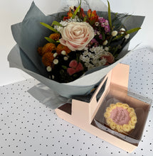 Load image into Gallery viewer, a pretty mini bento cake with a posy of resh flowers for mother's day gift