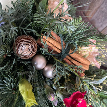 Load image into Gallery viewer, close up detail of Christmas decoration including scented cinnamon and glass baubles in floral arrangement from bits and buds florist leighton buzzard
