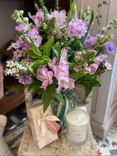 Load image into Gallery viewer, Bouquet of flowers with a candle and a box of chocolates from bits and buds florist in leighton buzzard delivering across bedfordshire