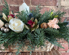 Load image into Gallery viewer, white rose and basket detail of flower arrangement with candle from Bits and Buds florist Leighton Buzzard for Christmas 2024