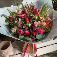 Load image into Gallery viewer, romeo red flower bouquet featuring red tulips and spring flowers from Bits and Buds florist Leighton