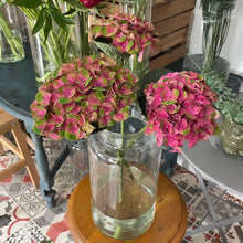 Load image into Gallery viewer, Pink hydrangeas in a clear vase on a wooden table with other floral arrangements in the background. from florist bits and buds in leighton buzzard bedfordshire for delivery as part of their seasonal hydrangea flower subscription.