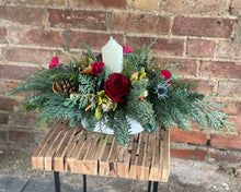 Load image into Gallery viewer, Small flower arrangement for Christmas table with a candle and decorations. red or white roses from Bits and Buds florist Leighton Buzzard