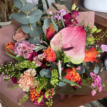 Load image into Gallery viewer, leighton buzzard forist Bits and Buds mother's day bouquet for cool mums full of tulips and anthuriums in hot pink and orange with Eucalyptus