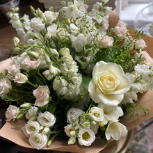 Load image into Gallery viewer, timeless classic white and green flower bouquet with luxury roses and spring scented flowers from bits and buds florist leighton buzzard Bedfordshire