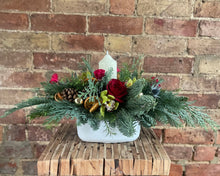 Load image into Gallery viewer, Small flower arrangement for Christmas table with a candle and decorations. red or white roses from Bits and Buds florist Leighton Buzzard