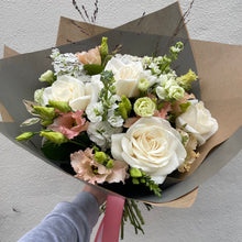 Load image into Gallery viewer, luxe mothers day boutique bouquet of white and pink flowers including roses and scented spring blooms from best leighton buzzard florist Bits and Buds
