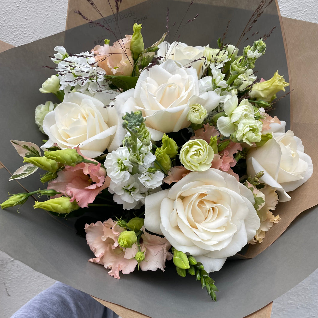 luxe mothers day boutique bouquet of white and pink flowers including roses and scented spring blooms from best leighton buzzard florist Bits and Buds