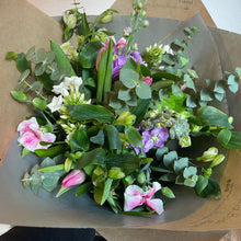 Load image into Gallery viewer, new years bouquet from bits and buds florist leighton buzzard including tulips and soft pastel lilac and pink flowers for all occasions 
