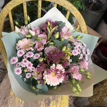 Load image into Gallery viewer, a pretty pastel pink bouquet displayed at the rustic florist shop bits and buds in leighton buzzard new baby birthday valentine&#39;s pink flower bouquet
