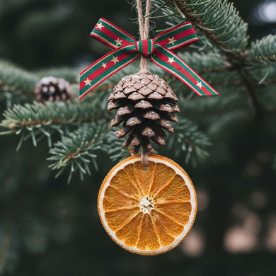 brown pinecone with a dried orange slice bauble hanging on a tree with a Christmas ribbon