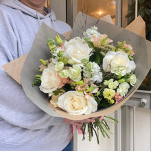 Load image into Gallery viewer, luxe mothers day boutique bouquet of white and pink flowers including roses and scented spring blooms from best leighton buzzard florist Bits and Buds
