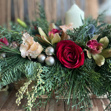 Load image into Gallery viewer, red rose detail from luxury flower table centre with candle for Christmas 2024 from Bits and Buds florist Leighton Buzzard
