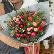 Load image into Gallery viewer, romeo red flower bouquet featuring red tulips and spring flowers from Bits and Buds florist Leighton Buzzard
