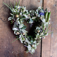 Load image into Gallery viewer, heart shaped floral wreath with living plants and bulbs for spring, mother's day and easter decorations gifting. pastel colours and scented flowers
